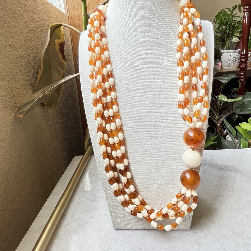 Avon Amber Orange and Cream Chunky Lucite Necklace 22"